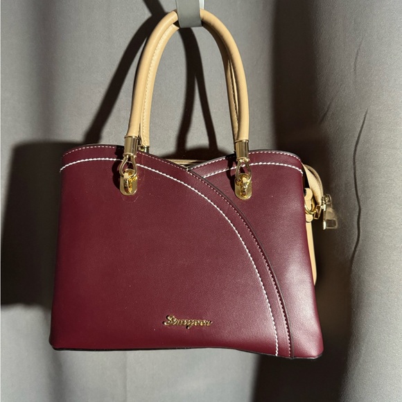 Simyeer Red and Tan Structured Satchel with Gold Accents - Picture 1 of 4